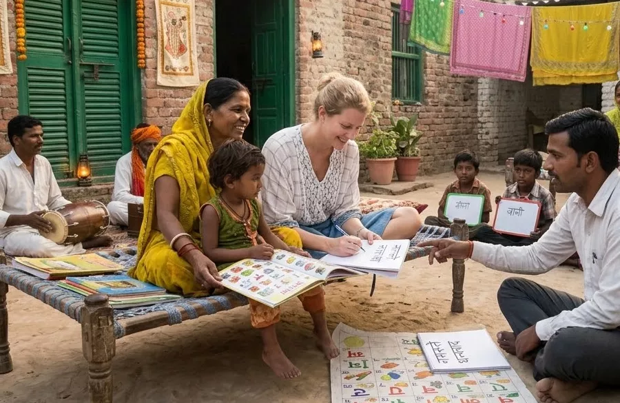 Volunteer learning basic Hindi during an informal session