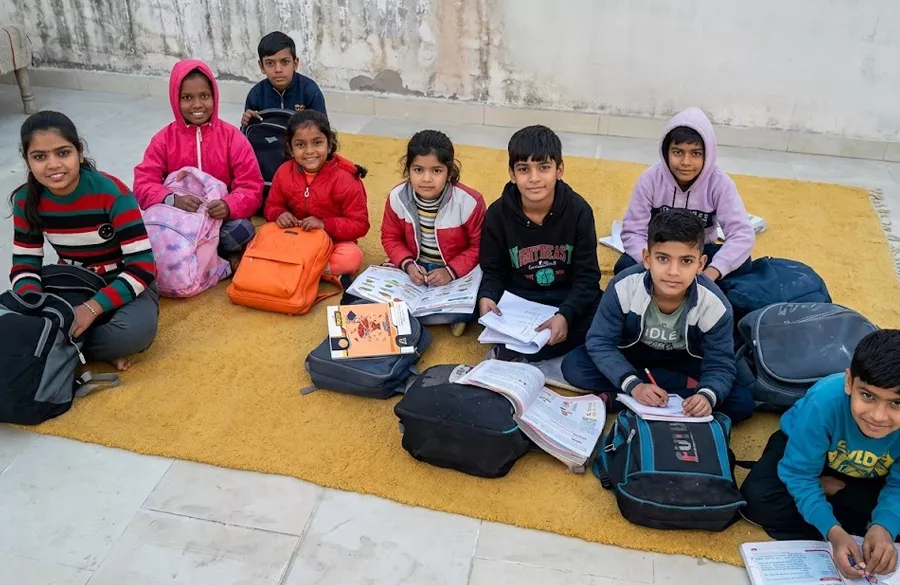 Primary students enjoying open-air classroom learning session