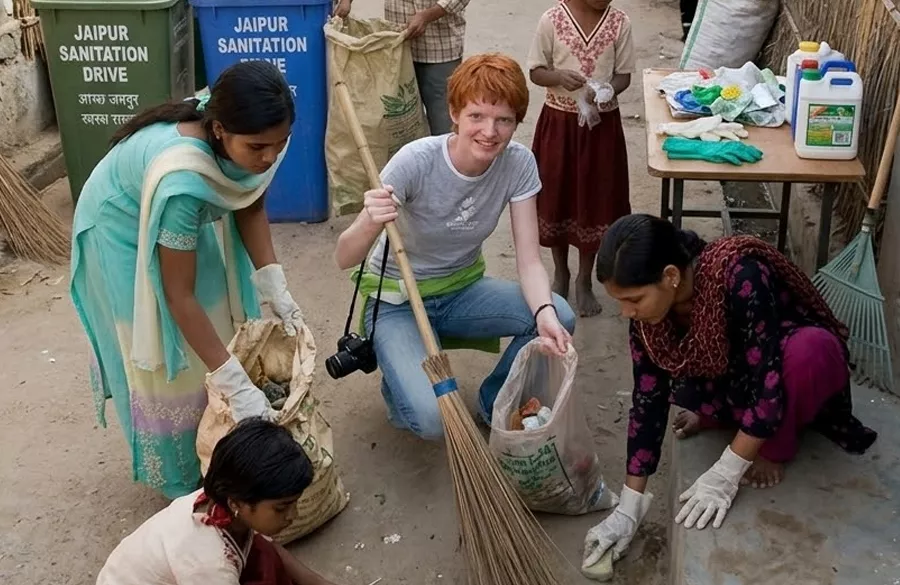 Cleaning and sanitation drive in a village street with volunteers